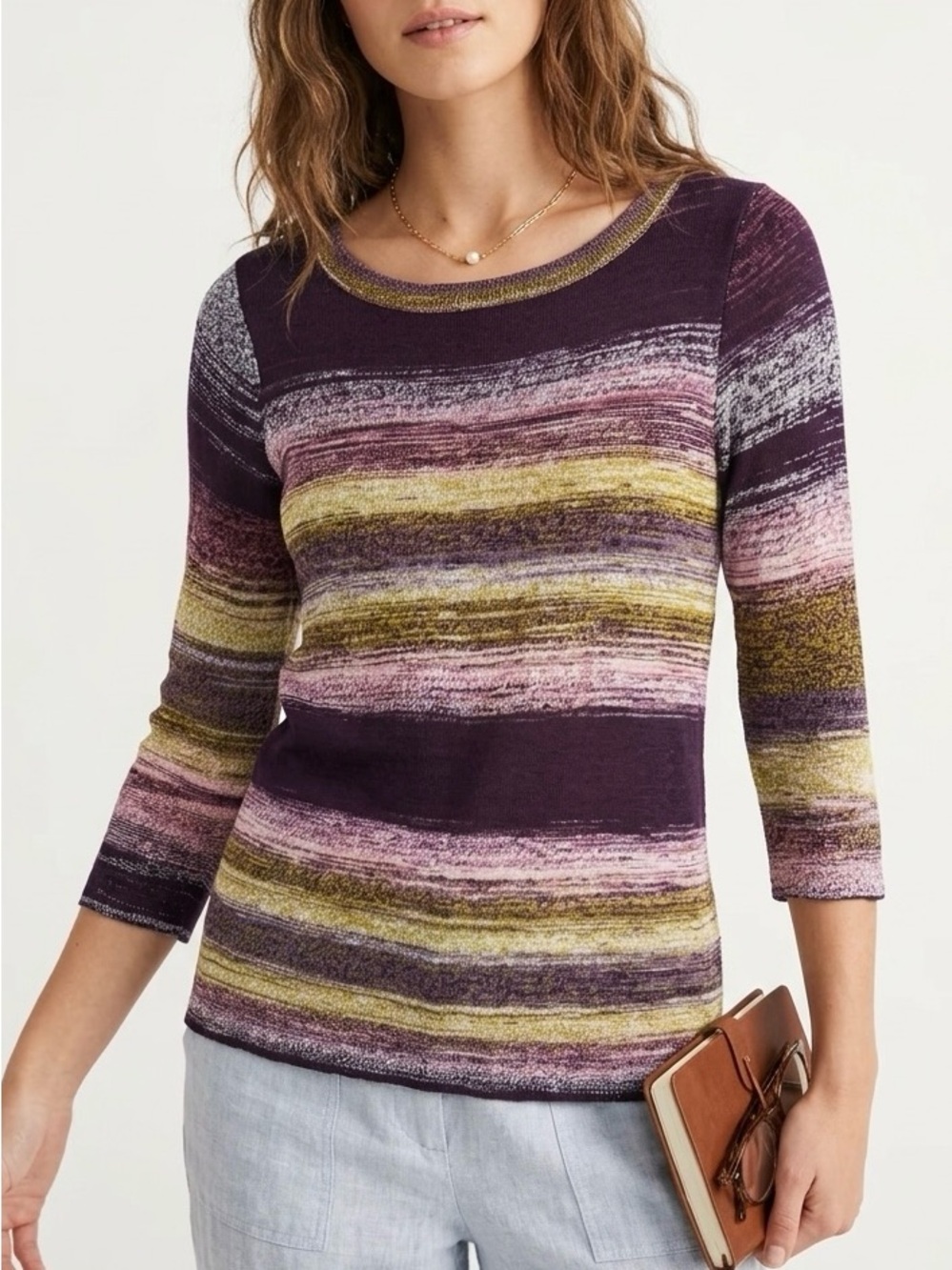 LOFT Marled Striped Knit Top Purple Chartreuse XS Elevated Casual Minimalist